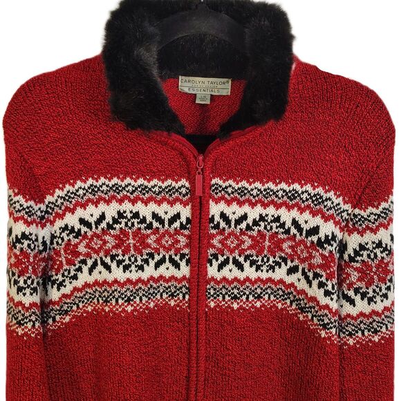 Vtg CAROLYN TAYLOR Cardigan Sweater Large Women's Red Knit Full Zip Faux Fur - Picture 2 of 6